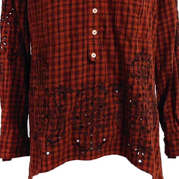 Johnny Was 3J Workshop Brown Checked Half-Button Shirt Eyelet/Peek a Boo Detail - Picture 5 of 9